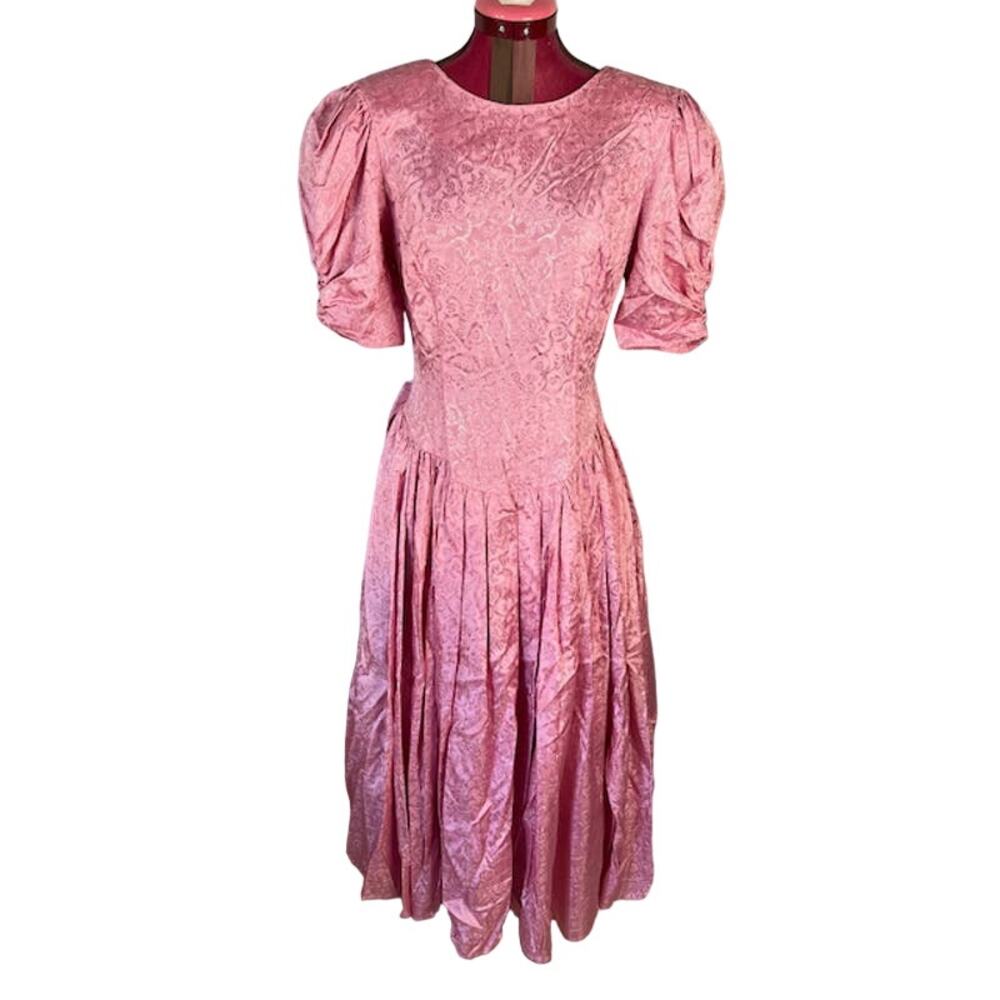 Formal dress lace sleeves puff sleeves big bow vintage 1980s rose pink